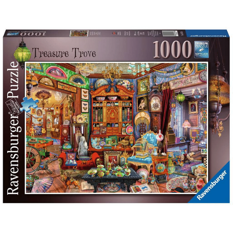 Ravensburger Aimee Stewart Treasure Trove adult puzzle featuring colorful, detailed artwork with treasure and fantasy elements.