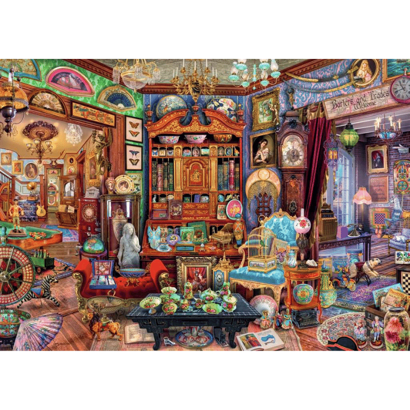 Ravensburger Aimee Stewart Treasure Trove adult puzzle featuring intricate, colorful design with treasure and fantasy elements.