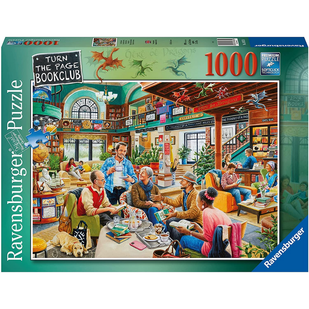 Ravensburger adult puzzle titled "Turn the Page" featuring a detailed book club scene with books and cozy reading atmosphere.