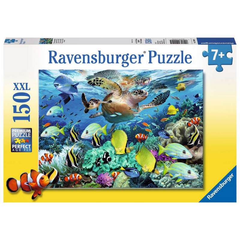 Children's underwater puzzle by Ravensburger showing vibrant ocean scene with colorful marine life and coral reefs.