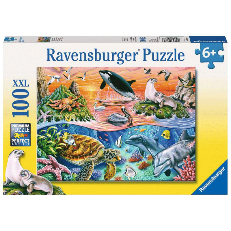 Children's underwater puzzle by Ravensburger featuring colorful ocean scene with fish, coral, and marine life.