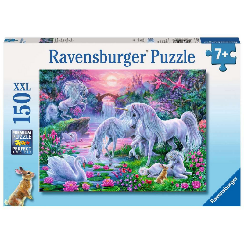 Children's puzzle featuring colorful unicorns in a sunset glow by Ravensburger, with vibrant unicorn illustrations on the puzzle pieces.