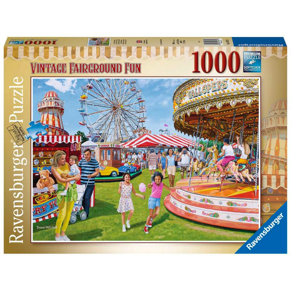 Ravensburger vintage fairground fun adult puzzle showing colorful fairground rides and lively carnival scene.
