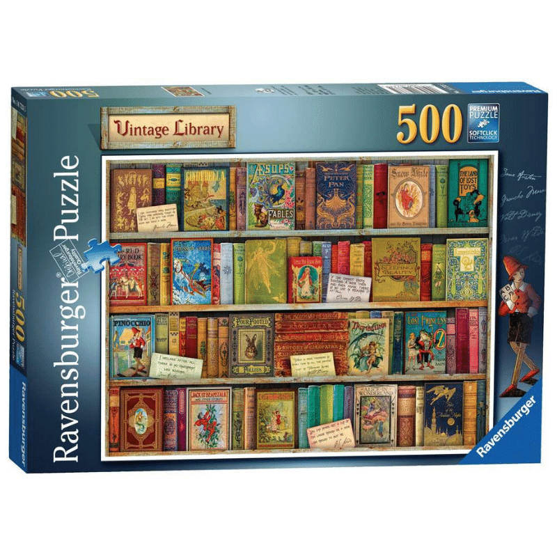 Ravensburger Aimee Stewart vintage library adult puzzle featuring detailed illustrations of classic books and antique library scene