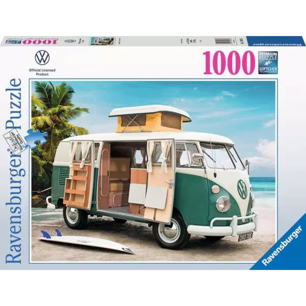 Ravensburger Volkswagen T1 Camper Van adult puzzle, 1000 pieces, featuring a classic colorful camper van image.