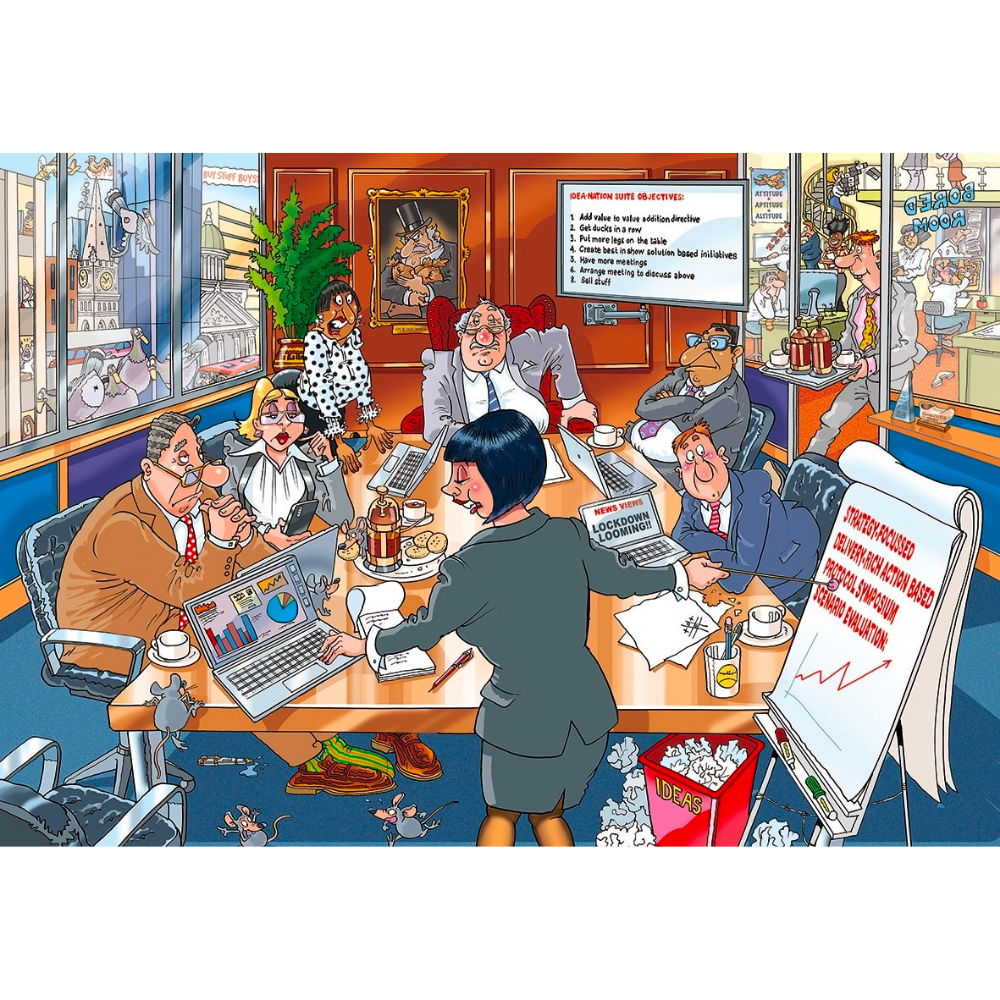 Adult puzzle by Wasgij Destiny 24 titled "Business as Usual" featuring a colorful, detailed scene with puzzle pieces and artwork.