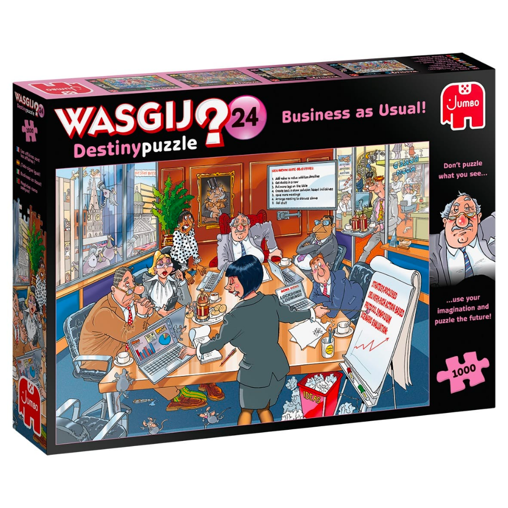 Adult Wasgij Destiny 24 puzzle titled "Business as Usual" showing a colorful, detailed scene with people in an office setting.