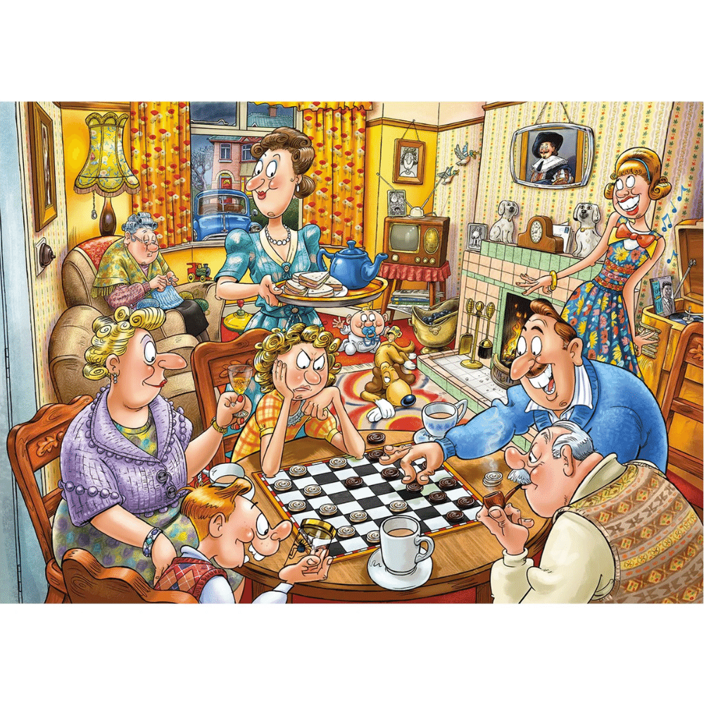 Adult puzzle by Wasgij Destiny 25 featuring a lively game night scene with friends playing board games.