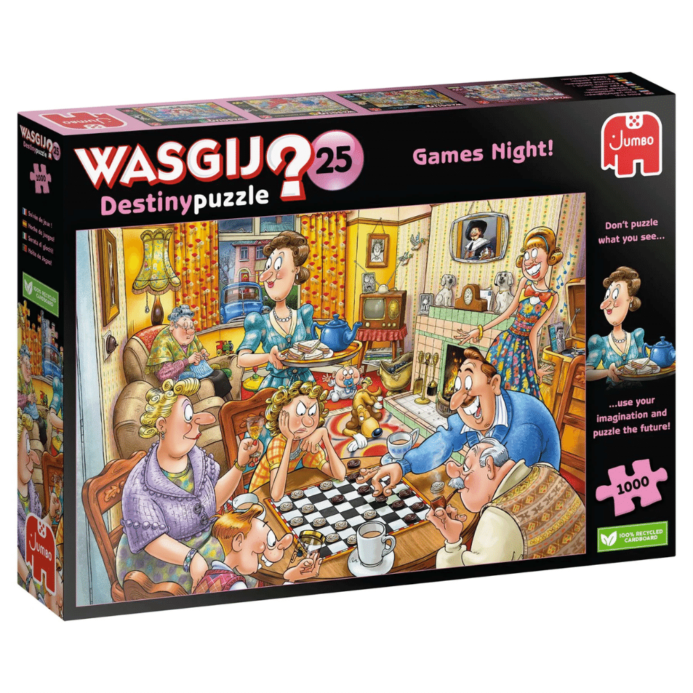 Adult puzzle from Wasgij Destiny 25 series titled "Games Night!", featuring a colorful scene of friends playing board games.