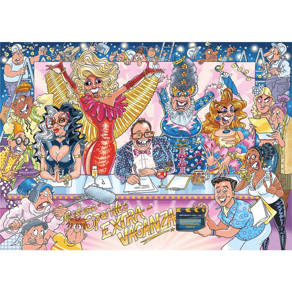 Adult puzzle by Wasgij Original 42 titled "Rule the Runway" featuring a colorful runway scene with models and fashion designs.