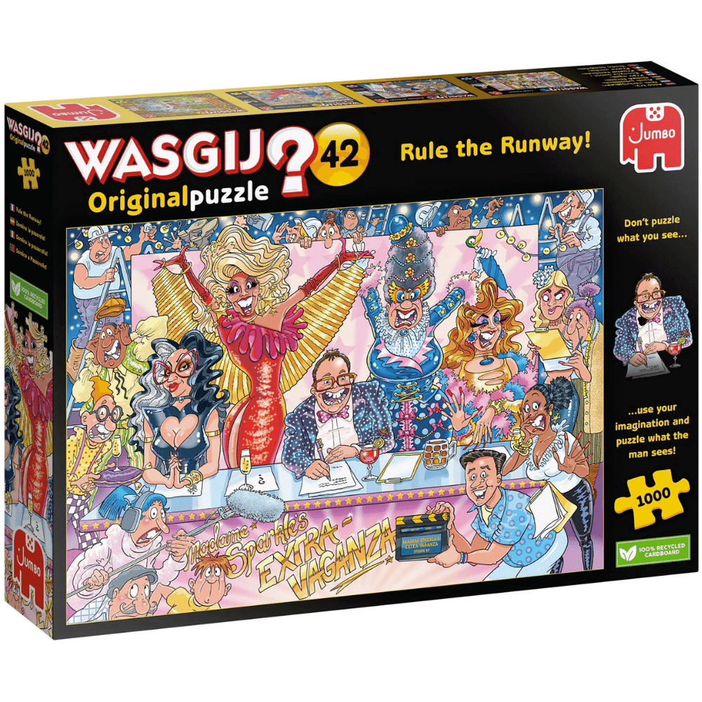 Wasgij Original 42 adult puzzle titled "Rule the Runway" showing colorful image of fashion runway scene with models and audience.