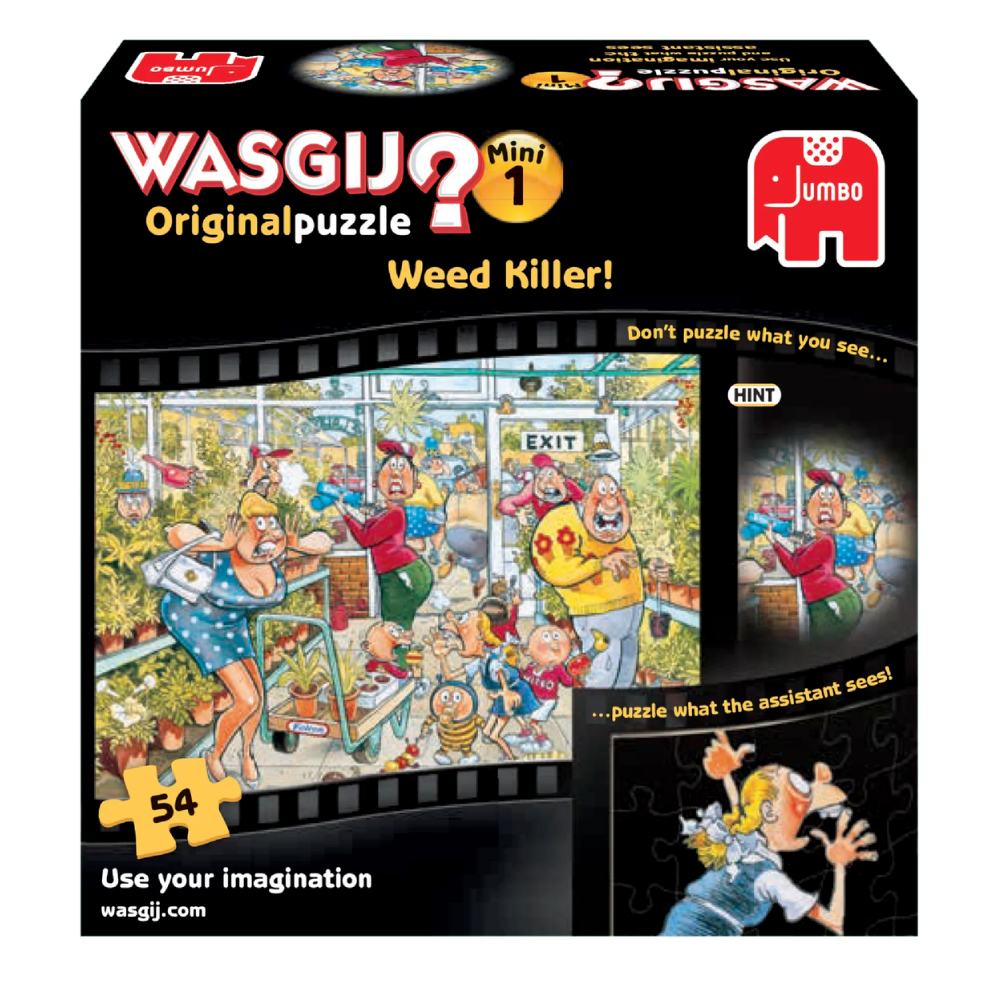 Adult puzzle by Wasgij, original mini edition titled "Weed Killer," featuring colorful puzzle pieces and garden scene.