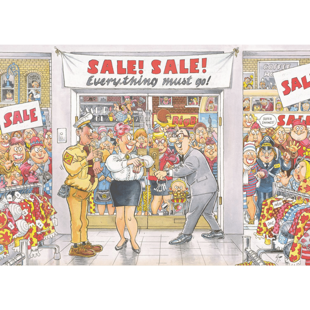 Wasgij Retro Mystery 7 adult puzzle titled "Everything Must Go!" featuring colorful retro scene with clutter and household items.