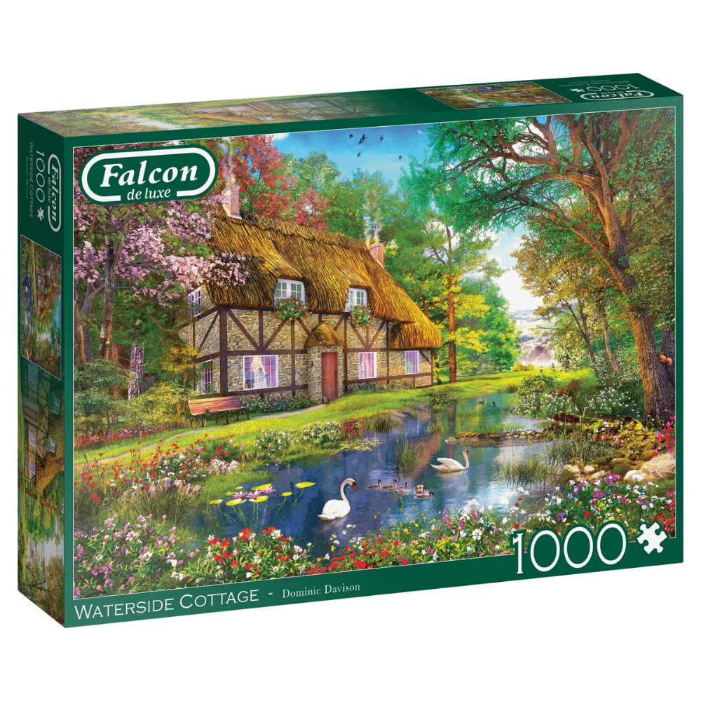 Adult Falcon de Luxe Waterside Cottage puzzle showing a scenic waterside scene with a cozy cottage and lush garden.