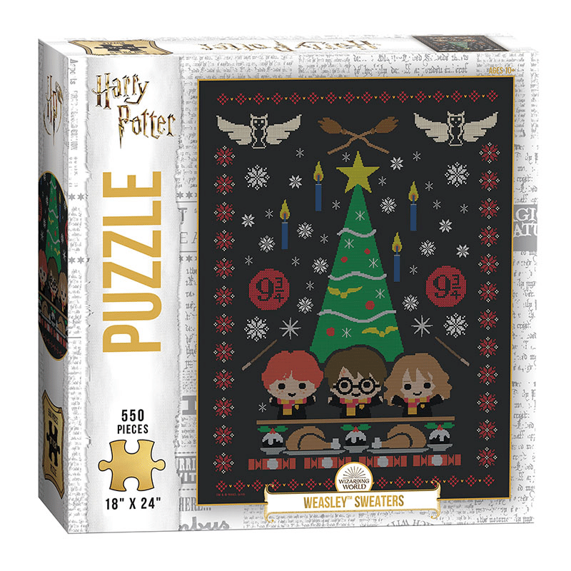 Adult puzzle featuring Harry Potter Weasley sweaters by The Op Games, with colorful knitted sweater designs and wizard-themed details.