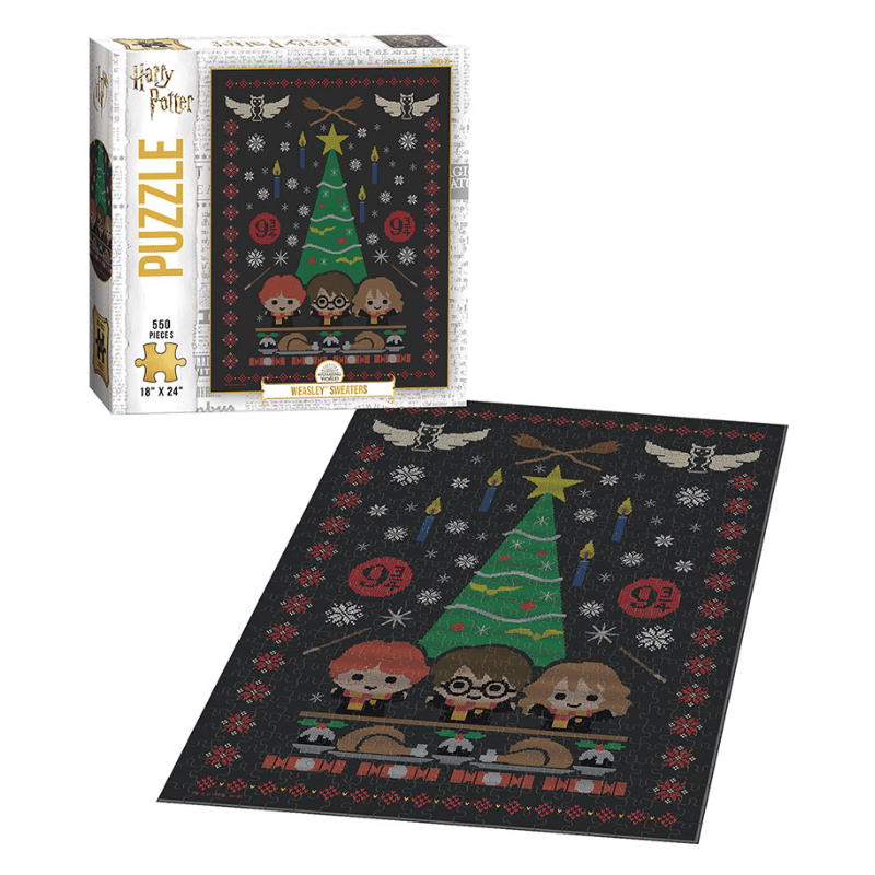 Adult Harry Potter Weasley sweaters puzzle by The Op Games featuring colorful Weasley family sweater designs.