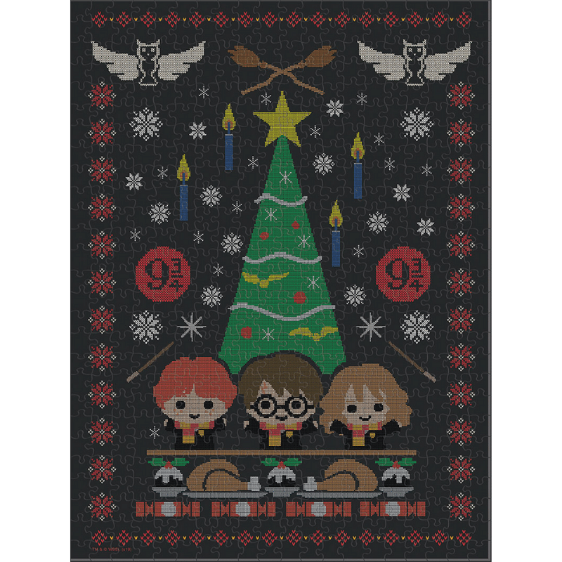 Adult puzzle featuring Harry Potter Weasley sweaters by The Op Games, showing colorful knitted sweater designs on the box.