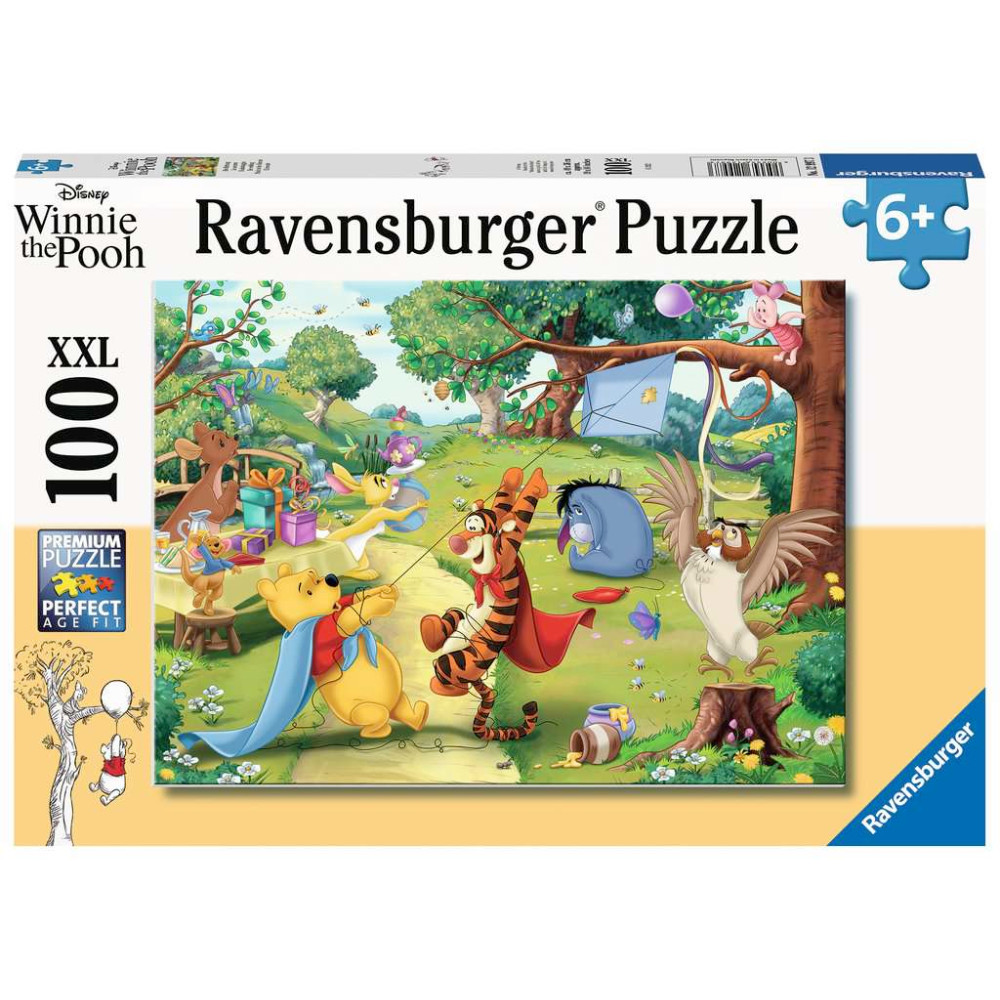 Ravensburger Winnie the Pooh children's 100-piece XXL puzzle showing Winnie the Pooh sitting happily in a colorful forest scene.