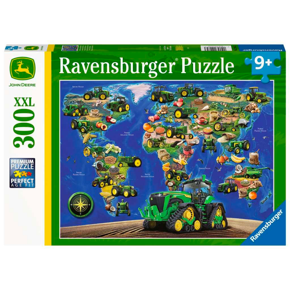 Children's puzzle by Ravensburger featuring the World of John Deere with colorful farm tractor and farm scene artwork.