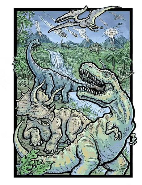 Adult puzzle featuring colorful 3D dinosaur designs by Cloudberries, shown in a dynamic, animated GIF.