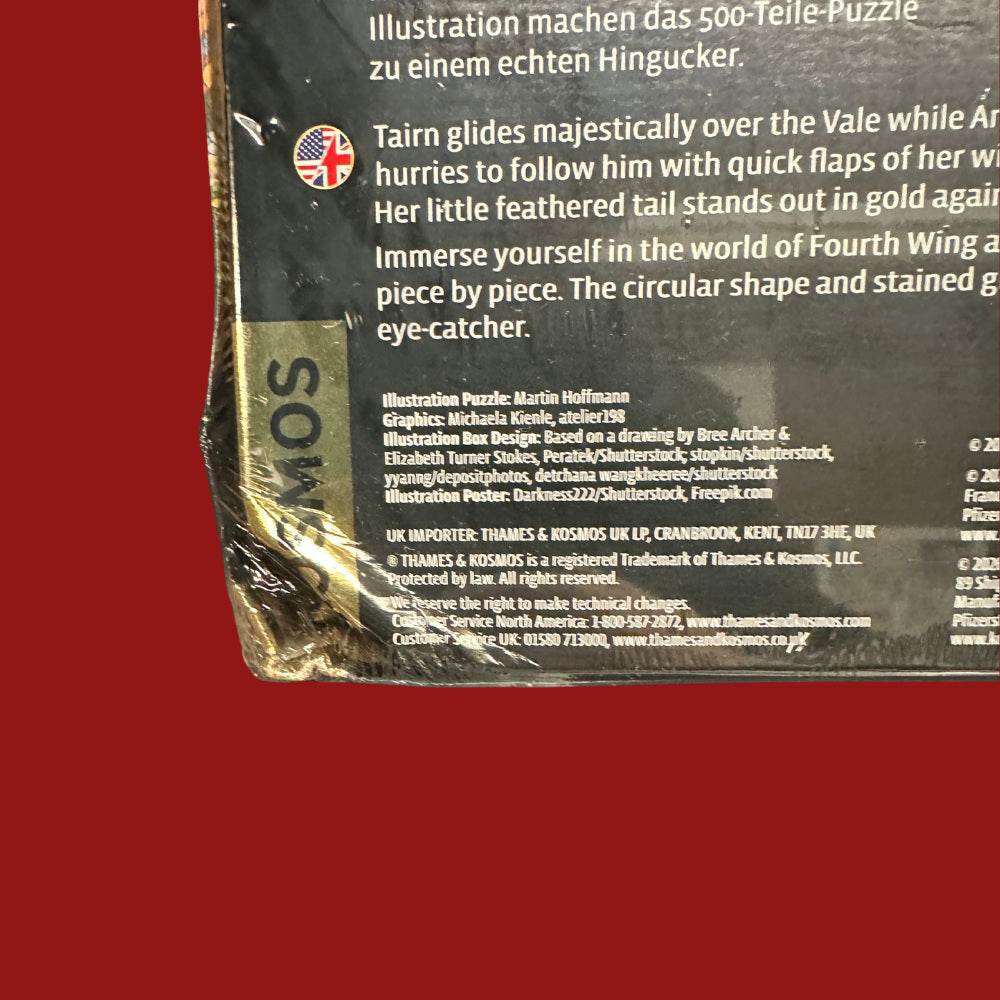 Fourth Wing: Dragons (DAMAGED) - heavy crush damage across the lower left corner of the box back, with deep creasing along the bottom edge