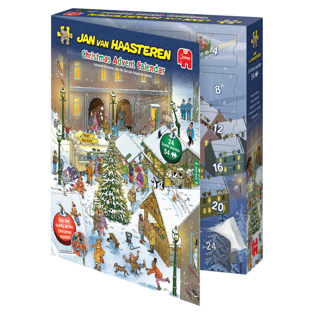 Jan van Haasteren Christmas Advent Calendar 2026 box open showing numbered doors