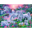 Children's puzzle featuring colorful unicorns in a sunset glow by Ravensburger, with bright, whimsical unicorn illustrations.