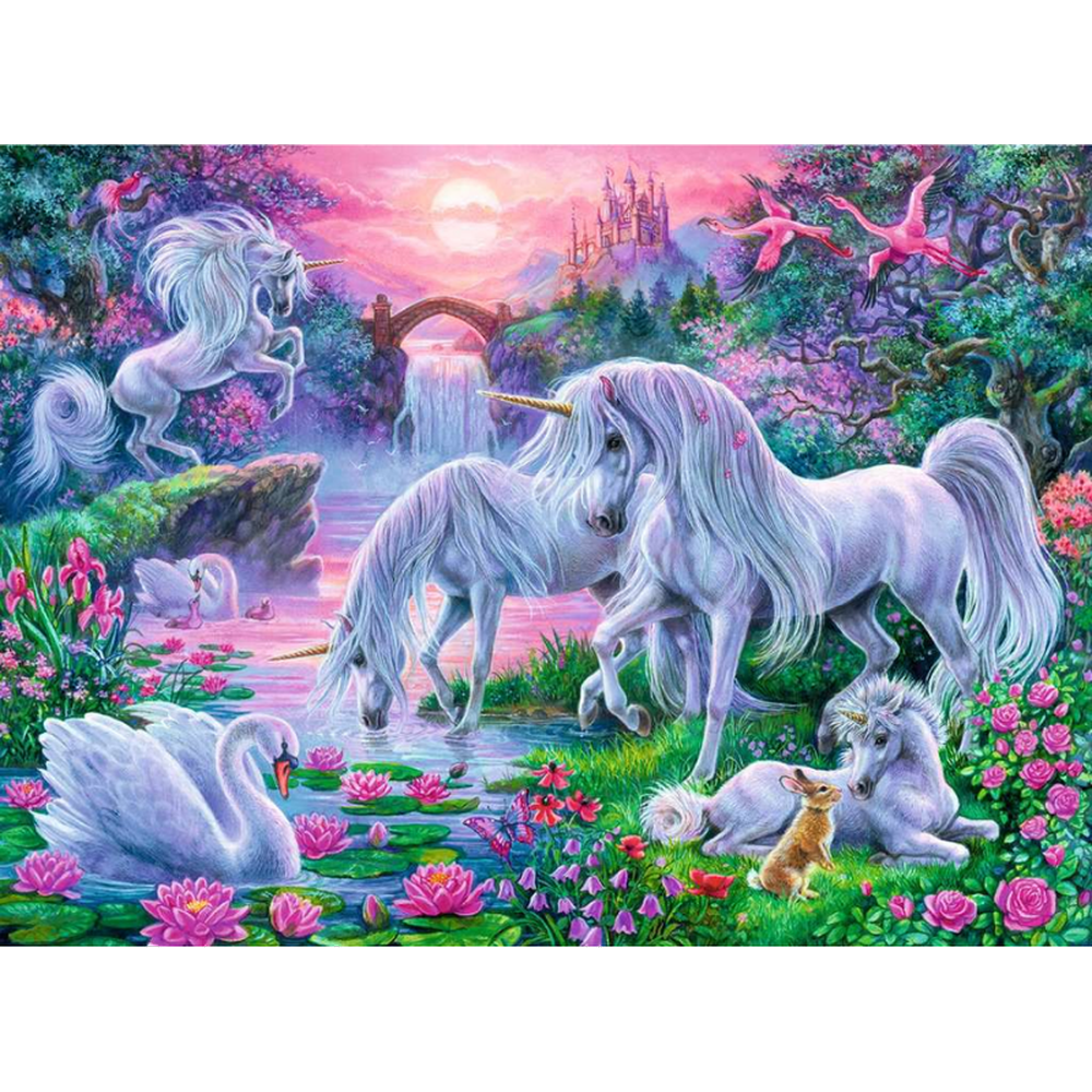 Children's puzzle featuring colorful unicorns in a sunset glow by Ravensburger, with bright, whimsical unicorn illustrations.