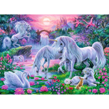 Children's puzzle featuring colorful unicorns in a sunset glow by Ravensburger, with bright, whimsical unicorn illustrations.