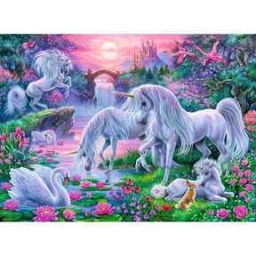 Children's puzzle featuring colorful unicorns in a sunset glow by Ravensburger, with bright, whimsical unicorn illustrations.