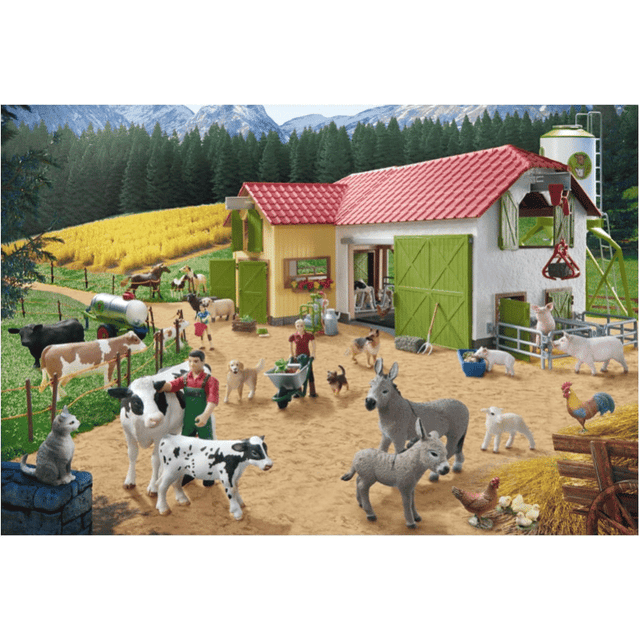 Colorful children's puzzle titled "A Day at the Farm" by Schmidt featuring farm animals and countryside scenery for kids.