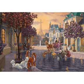 Adult puzzle featuring Thomas Kinkade's Aristocats artwork by Schmidt, showing a colorful, detailed illustration of cats in a whimsical scene.