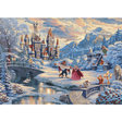 Adult puzzle featuring Thomas Kinkade's Beauty & the Beast Winter Enchantment artwork, with vibrant winter scene and intricate puzzle pieces.