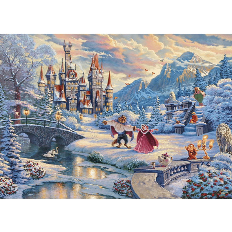 Adult puzzle featuring Thomas Kinkade's Beauty & the Beast Winter Enchantment artwork, with vibrant winter scene and intricate puzzle pieces.