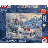 Adult puzzle featuring Thomas Kinkade's Beauty & the Beast Winter Enchantment artwork by Schmidt, showing a detailed winter scene with characters.