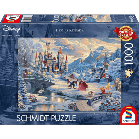 Adult puzzle featuring Thomas Kinkade's Beauty & the Beast Winter Enchantment artwork by Schmidt, showing a detailed winter scene with characters.