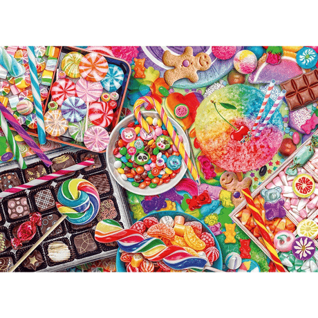 Colorful Candylicious adult puzzle by Schmidt featuring vibrant candy illustrations and intricate puzzle pieces.