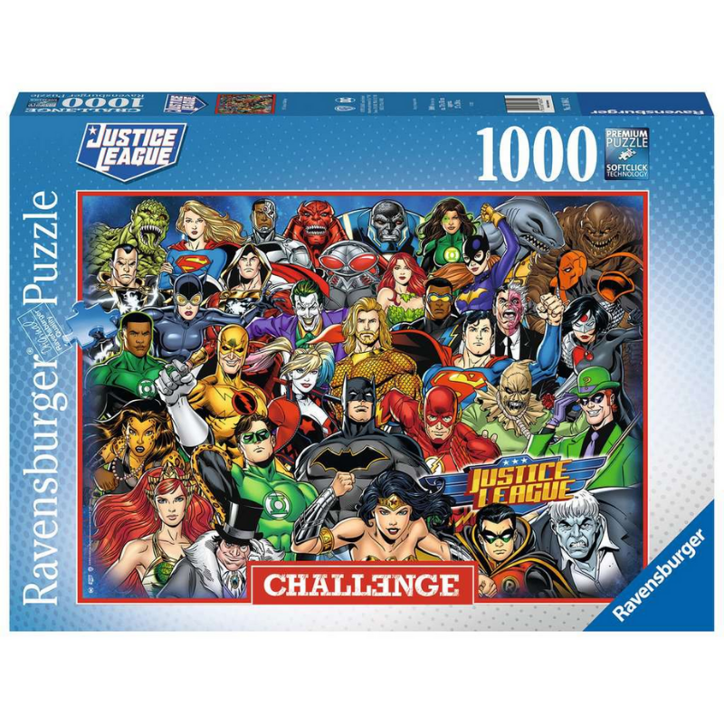 Ravensburger Justice League adult puzzle featuring iconic superheroes in a dynamic comic-style design.