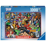 Ravensburger Justice League adult puzzle featuring iconic superheroes in a dynamic comic-style design.