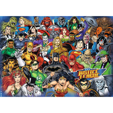 Ravensburger Justice League adult puzzle featuring iconic superhero characters on a vibrant, detailed puzzle image.