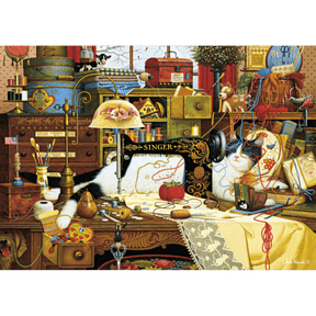 1000-piece Charles Wysocki puzzle featuring Maggie the Messmaker by Schmidt, showcasing vibrant, detailed artwork of a whimsical country scene.