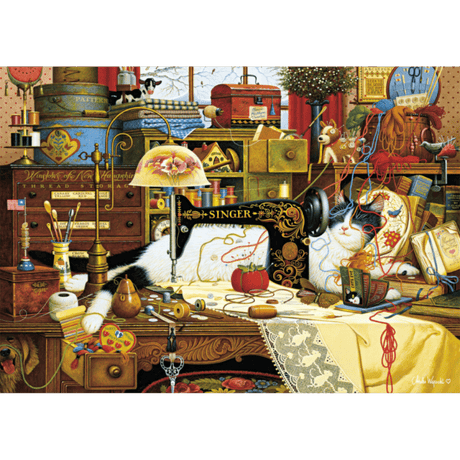 1000-piece Charles Wysocki puzzle featuring Maggie the Messmaker by Schmidt, showcasing vibrant, detailed artwork of a whimsical country scene.