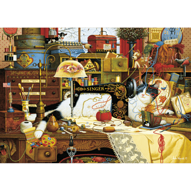 1000-piece Charles Wysocki puzzle featuring Maggie the Messmaker by Schmidt, showcasing vibrant, detailed artwork of a whimsical country scene.