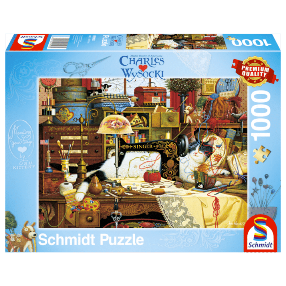 Adult puzzle featuring Charles Wysocki's Maggie the Messmaker artwork by Schmidt, showing colorful, detailed 1000-piece puzzle pieces.