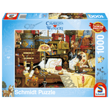 Adult puzzle featuring Charles Wysocki's Maggie the Messmaker artwork by Schmidt, showing colorful, detailed 1000-piece puzzle pieces.