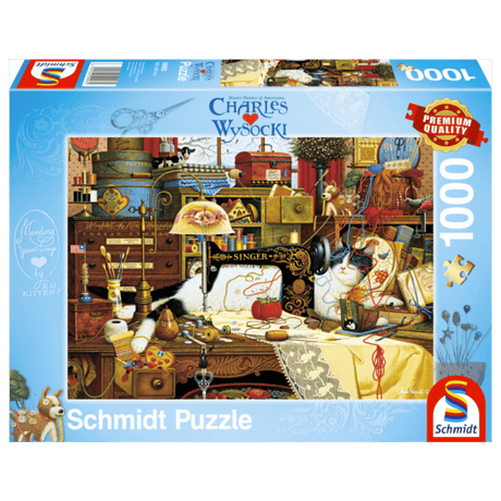 Adult puzzle featuring Charles Wysocki's Maggie the Messmaker artwork by Schmidt, showing colorful, detailed 1000-piece puzzle pieces.