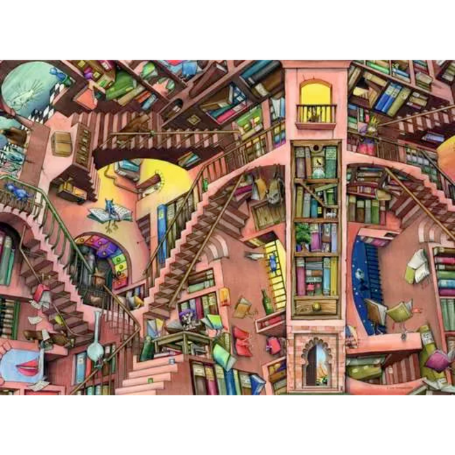 Adult puzzle by Ravensburger titled Colin Thompson Ludicrous Library, featuring a colorful, detailed library scene with 500 pieces.