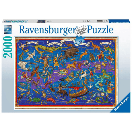 Ravensburger adult puzzle featuring a detailed star constellations map with bright, colorful celestial patterns on a dark background.