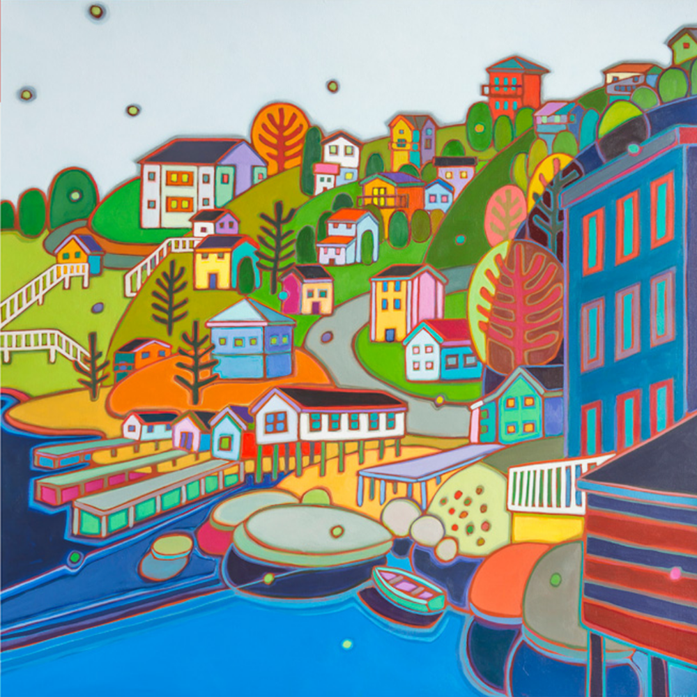 Adult puzzle titled Jellybean Hill by Darlene Kulig, featuring colorful, whimsical artwork of a vibrant hill filled with jellybeans.