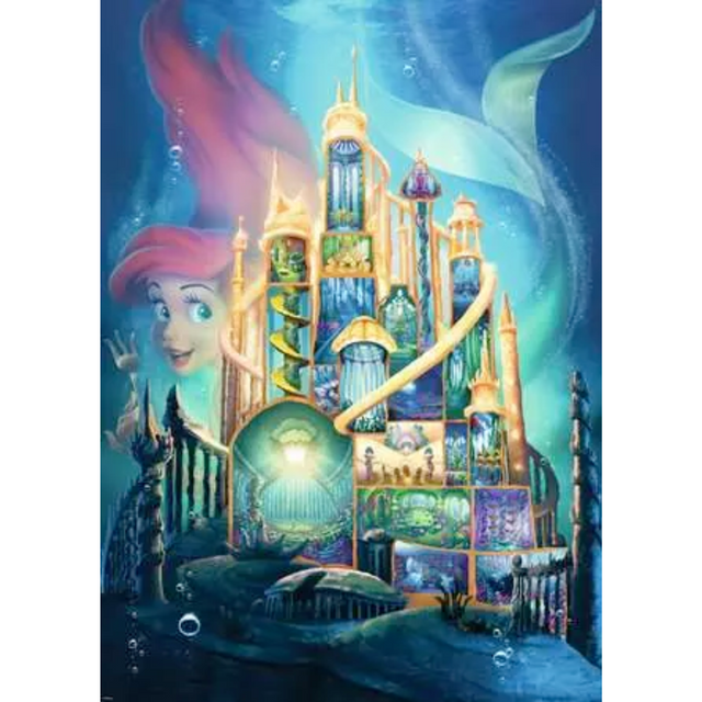 Ravensburger Disney Castle Collection Ariel 1000-piece adult puzzle featuring an image of Ariel from The Little Mermaid with vibrant colors.